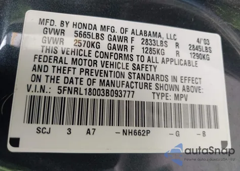 2003 Honda Odyssey Ex-L из США, поврежденный, VIN 5FNRL18003B093777